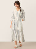 Linen Tribal Stripe Split Neck Bohemian Ruffle Midi Dress with Woven Belt and Slip MARLOWE