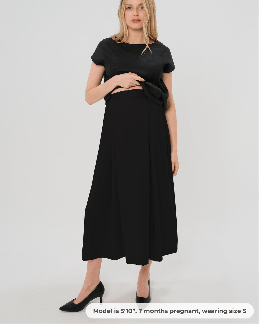 Pleated Black Maternity Maxi Skirt in All-Season Wool Blend | Over/Under Bump