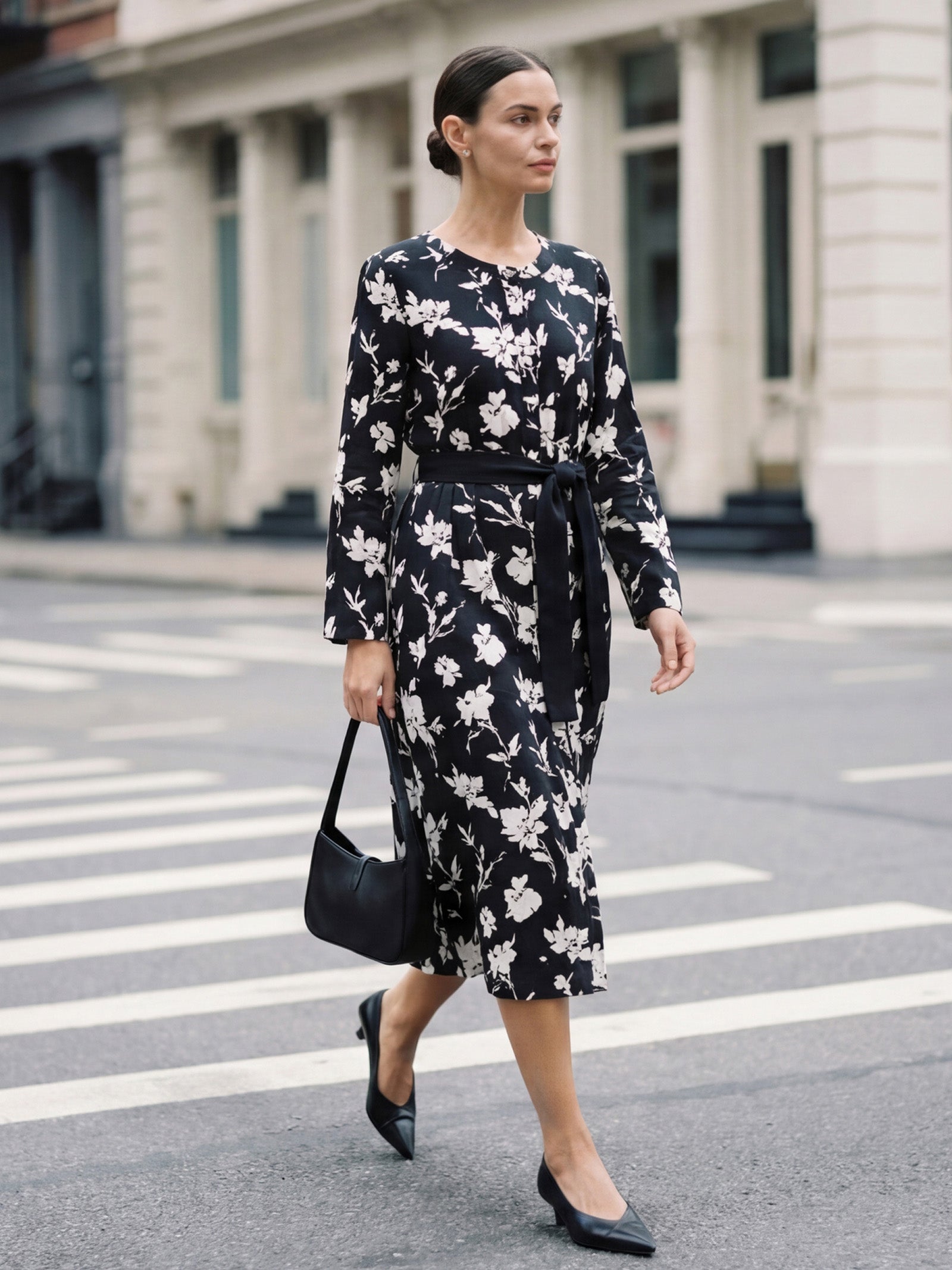 100% Linen Floral Printed Gathered Midi Dress ELODIE