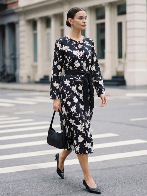 100% Linen Floral Printed Gathered Midi Dress ELODIE