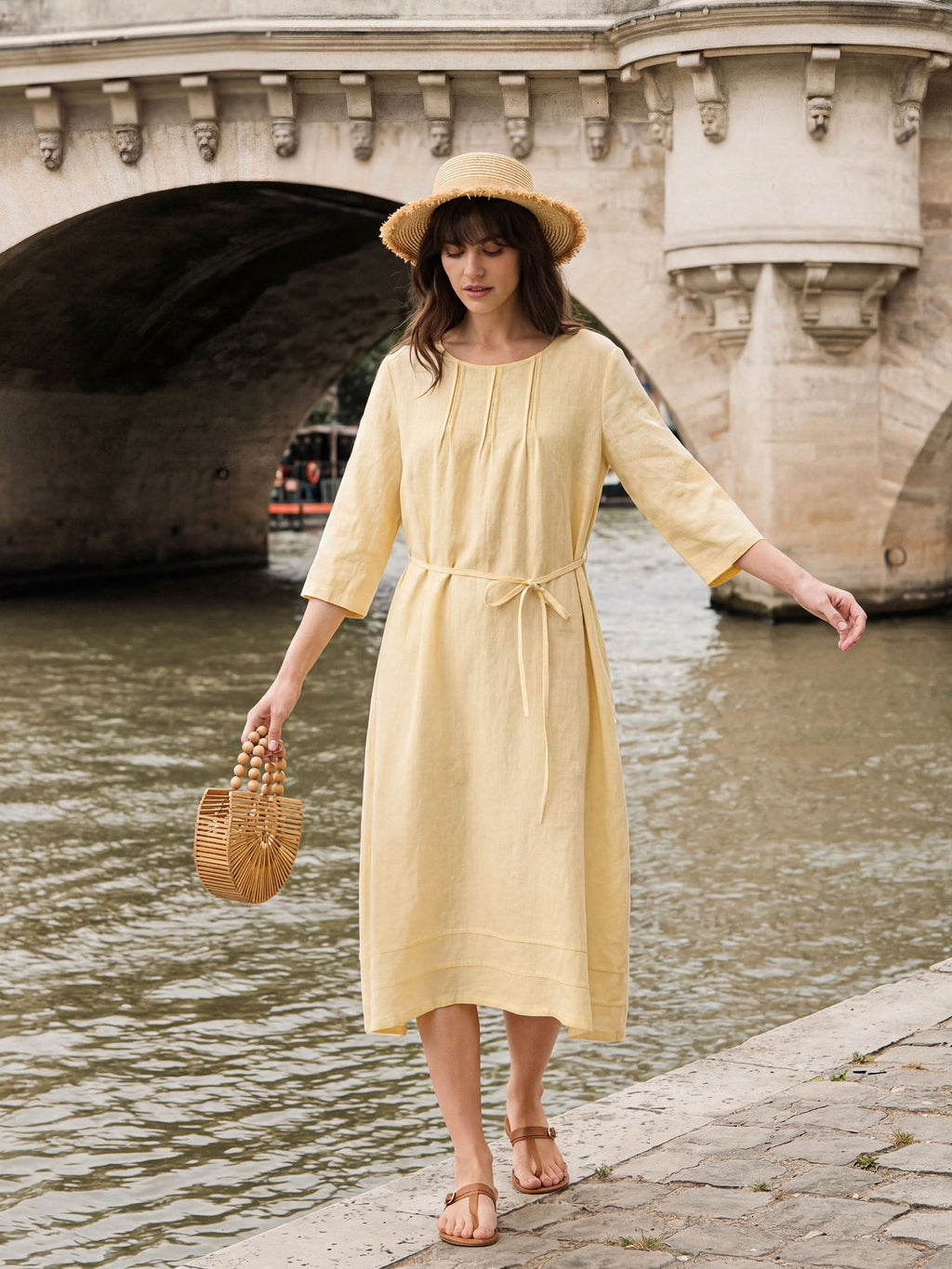 100% Linen Pintucked Embroidered Adjustable Belt Tiered Midi Dres VERENA