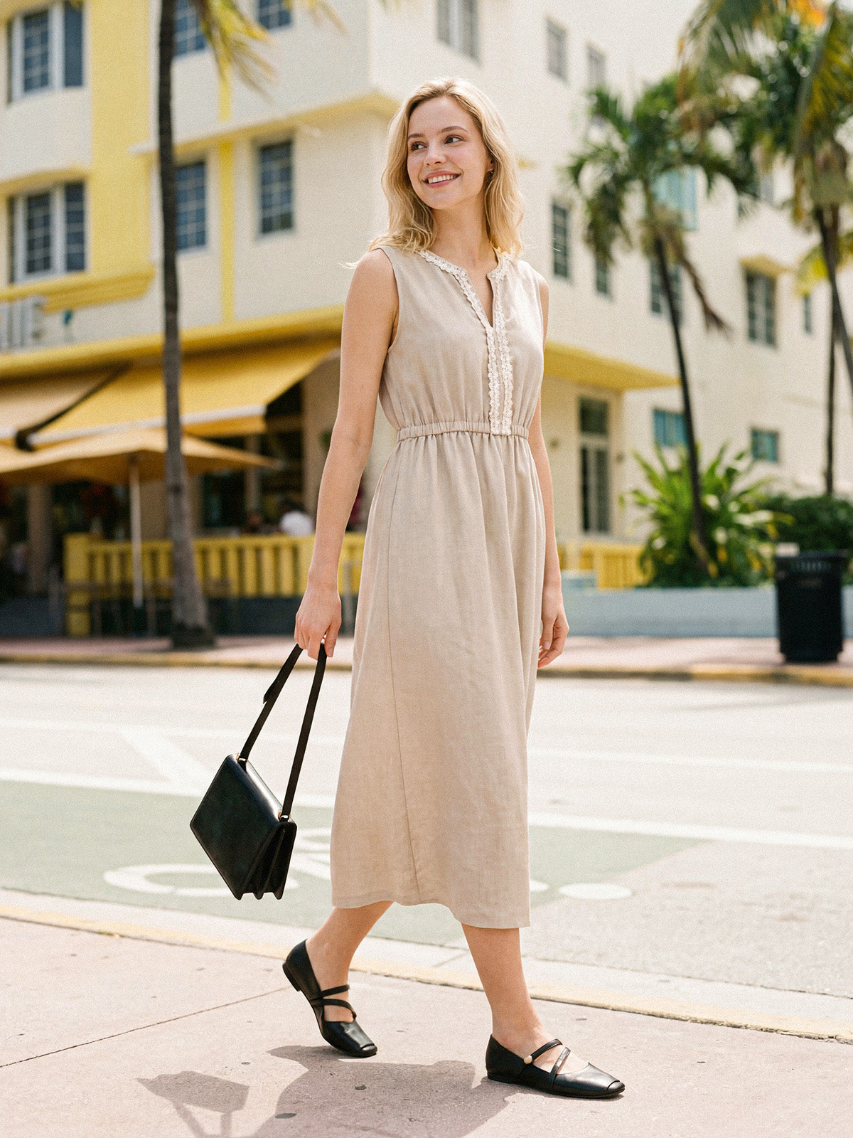 100% Linen Ruffle Trim Elasticated Waist Sleeveless Midi Dress LUCINDA