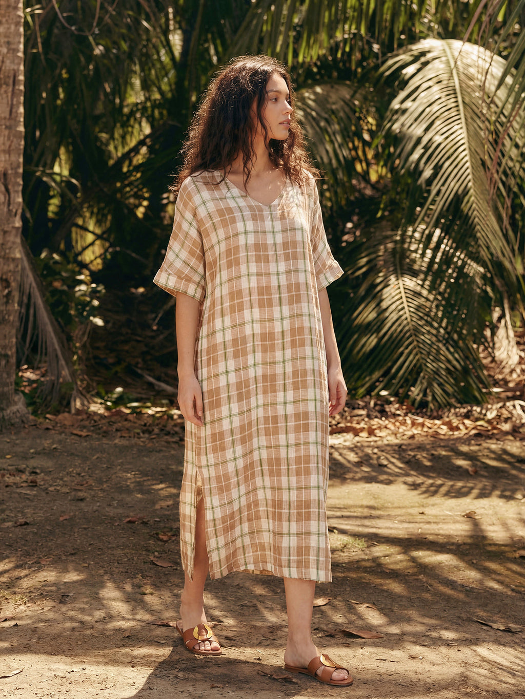 100% Linen Plaid Deep V-Neck Drop Shoulder Side Slit Midi Dress LESLIE
