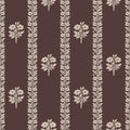 A repeating wallpaper or fabric pattern with vertical cream floral and vine stripes on a dark brown background.