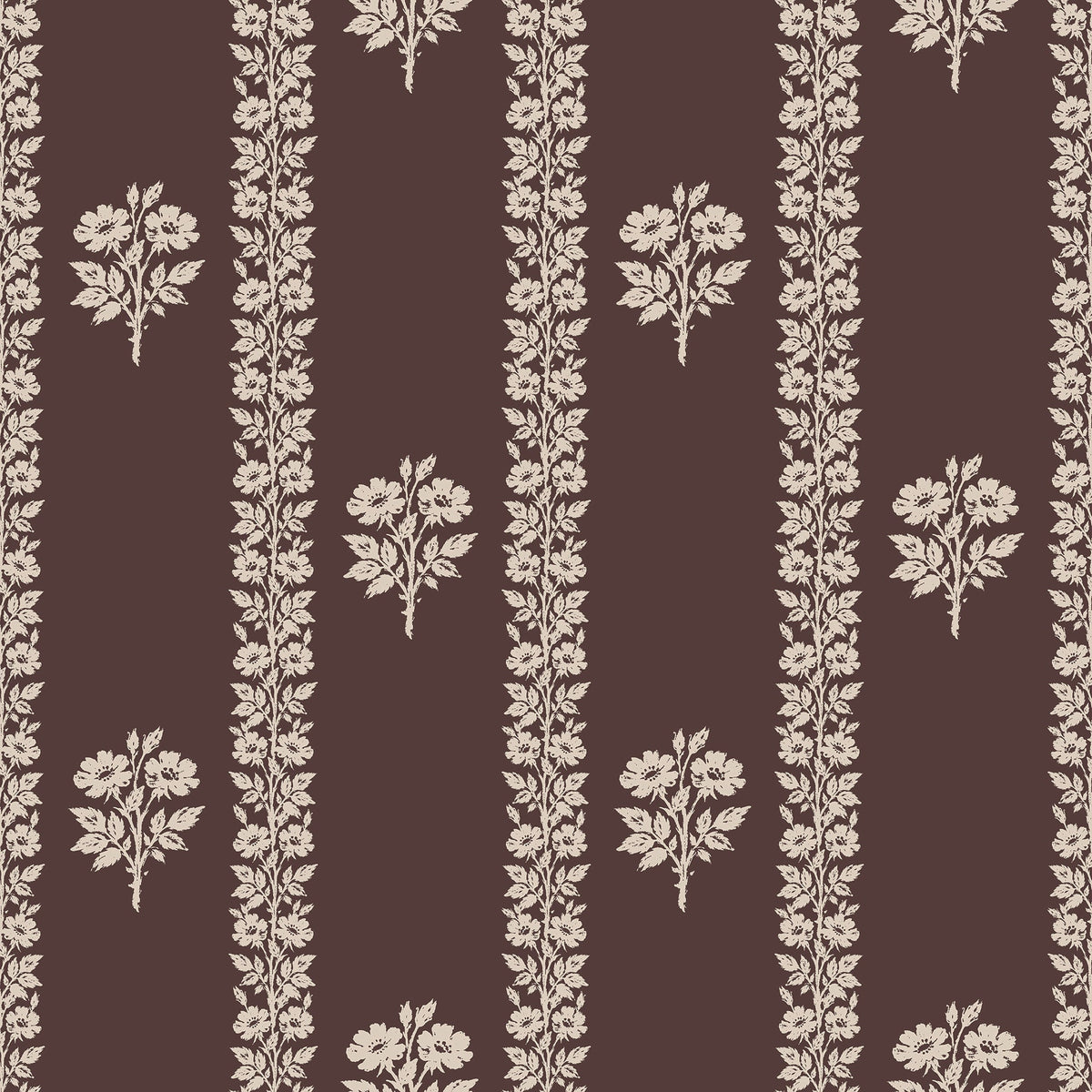 A repeating wallpaper or fabric pattern with vertical cream floral and vine stripes on a dark brown background.