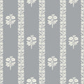 Gray wallpaper with a repeating pattern of vertical floral garland borders and small floral motifs in an off-white color.