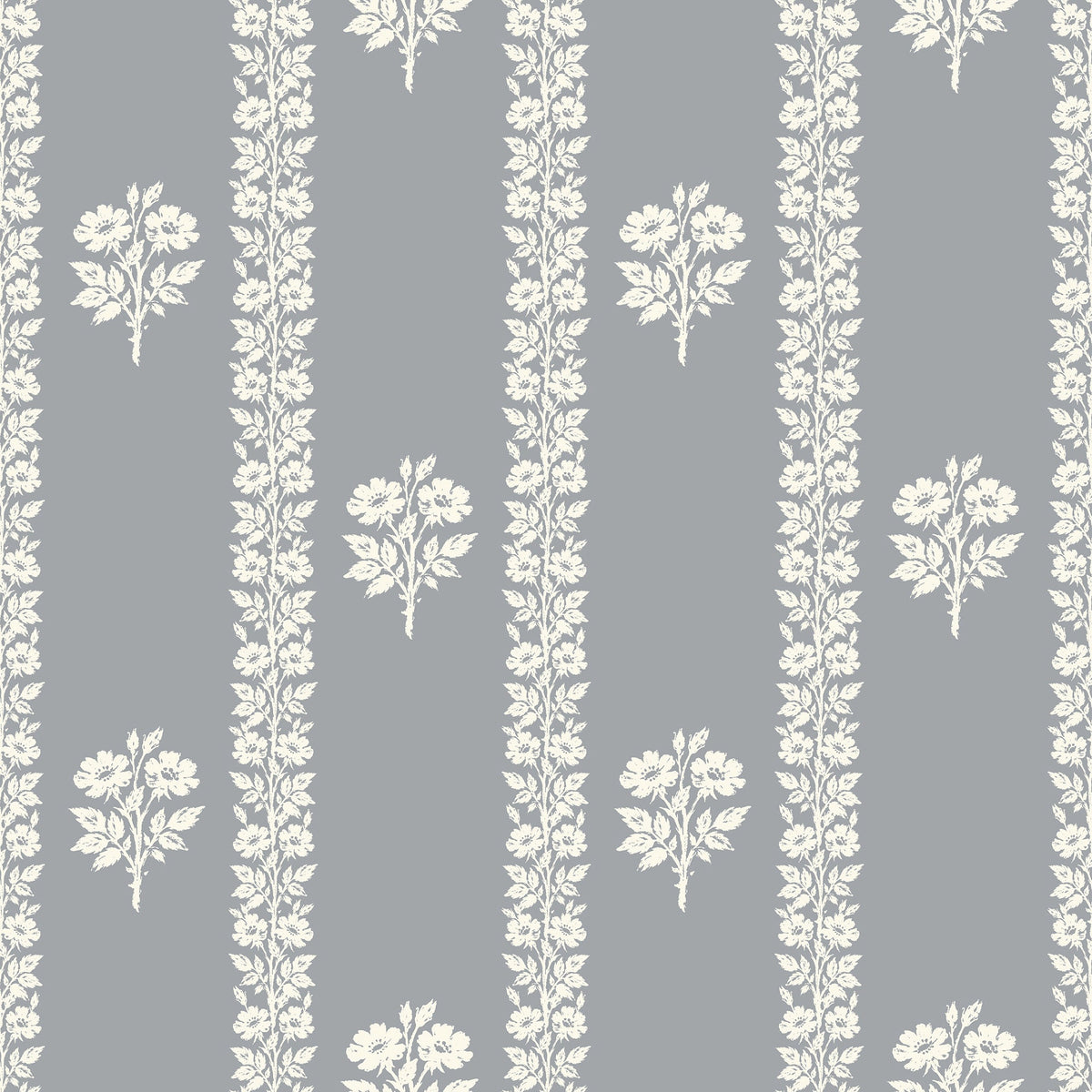 Gray wallpaper with a repeating pattern of vertical floral garland borders and small floral motifs in an off-white color.