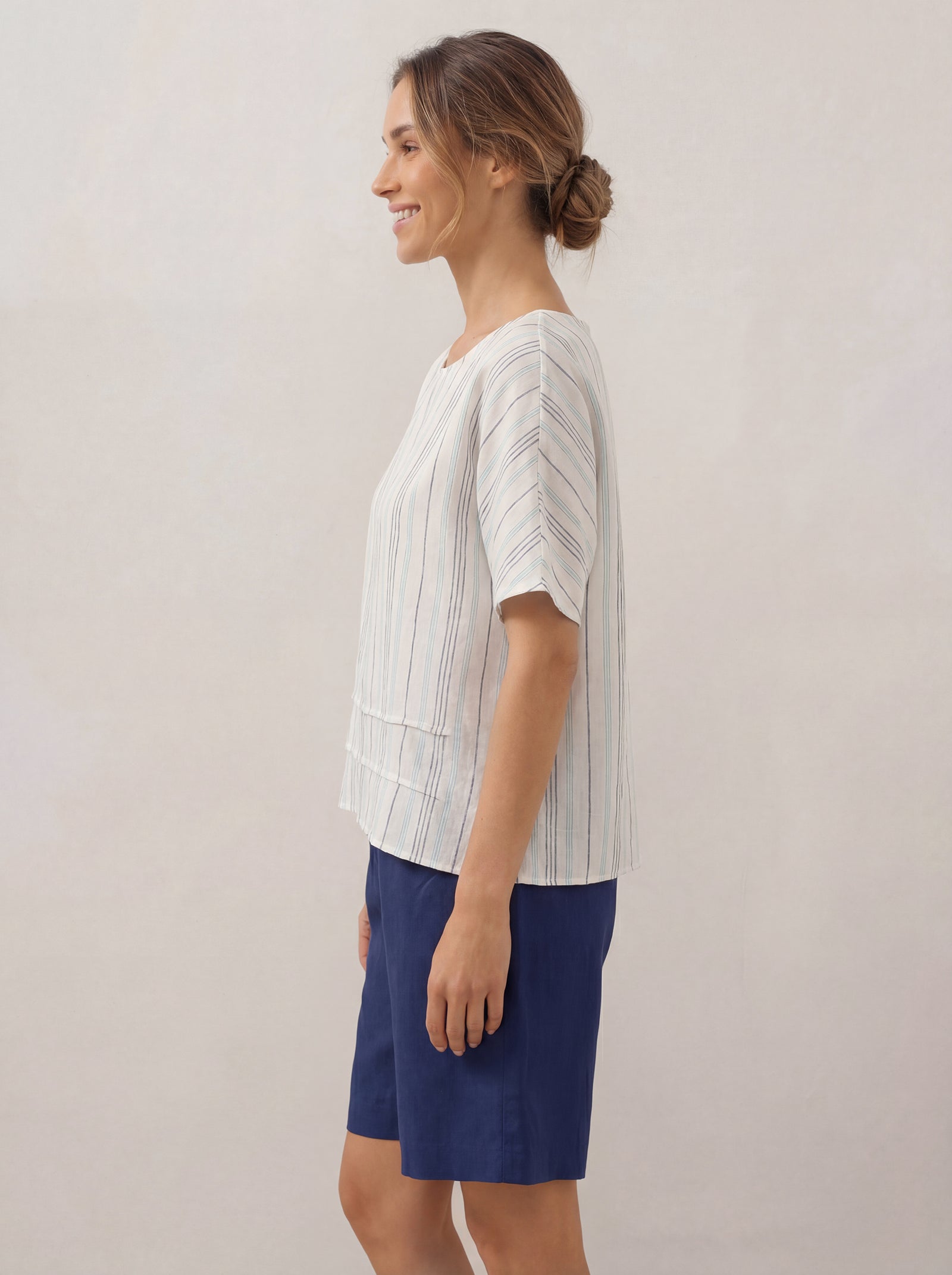 100% Linen Pleated Striped Pullover Top VIA