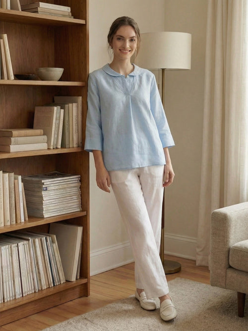 100% Linen Shawl V-Neck Half Sleeve Top JADE