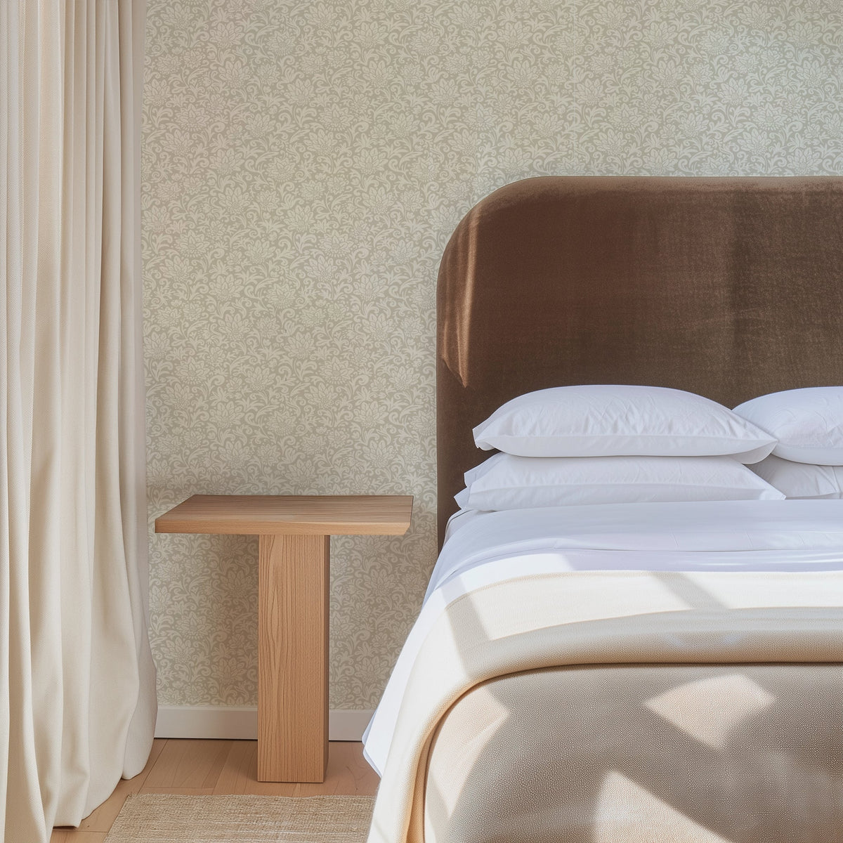 A styled bedroom corner featuring a bed with crisp white linens and a tall brown upholstered headboard, set against a beige patterned wallpaper wall with a light wood side table and cream curtain.