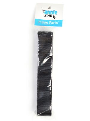 Black purse strap in packaging with 'byannie.com' label on a white background