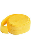 A coiled roll of bright yellow woven elastic strap or tape on a plain white background.