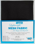 A black mesh fabric sample card with a blue and white label reading 'byannie's Lightweight MESH FABRIC .