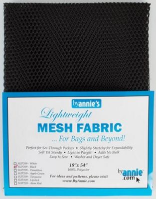 A black mesh fabric sample card with a blue and white label reading 'byannie's Lightweight MESH FABRIC .