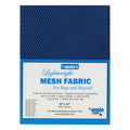 A blue mesh fabric sample card with a white and blue printed label reading 'byannie's Lightweight MESH FABRIC .