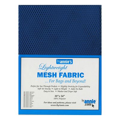 A blue mesh fabric sample card with a white and blue printed label reading 'byannie's Lightweight MESH FABRIC .