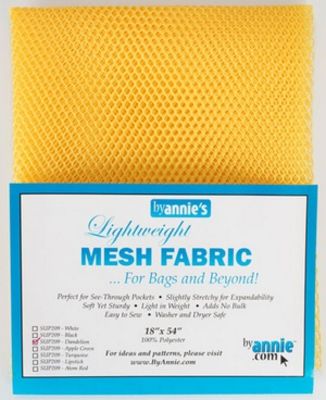 Yellow mesh fabric with blue and white label on a yellow background