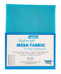 A turquoise blue mesh fabric sample card with a white and blue label reading 'byannie's Lightweight MESH FABRIC .
