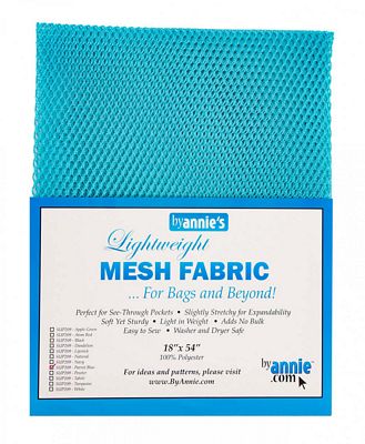 A turquoise blue mesh fabric sample card with a white and blue label reading 'byannie's Lightweight MESH FABRIC .