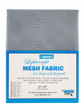 A sheet of gray mesh fabric with a blue and white paper label at the bottom that reads 'byannie's Lightweight MESH FABRIC'.