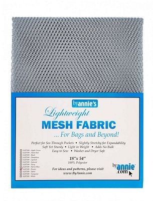 A sheet of gray mesh fabric with a blue and white paper label at the bottom that reads 'byannie's Lightweight MESH FABRIC'.