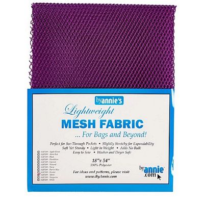 Purple mesh fabric on a By Annie's packaging with text about its use for bags.