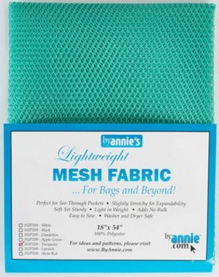 A package of Annie's Lightweight Mesh Fabric in teal green, showing a close-up of the mesh material above a blue and white product label.
