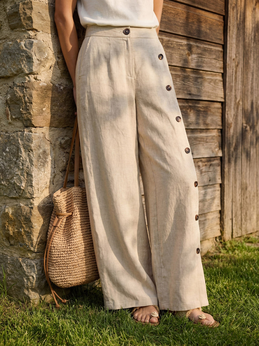 100% Linen Buttoned Slit-Hem Pants KATYA-LINTICO