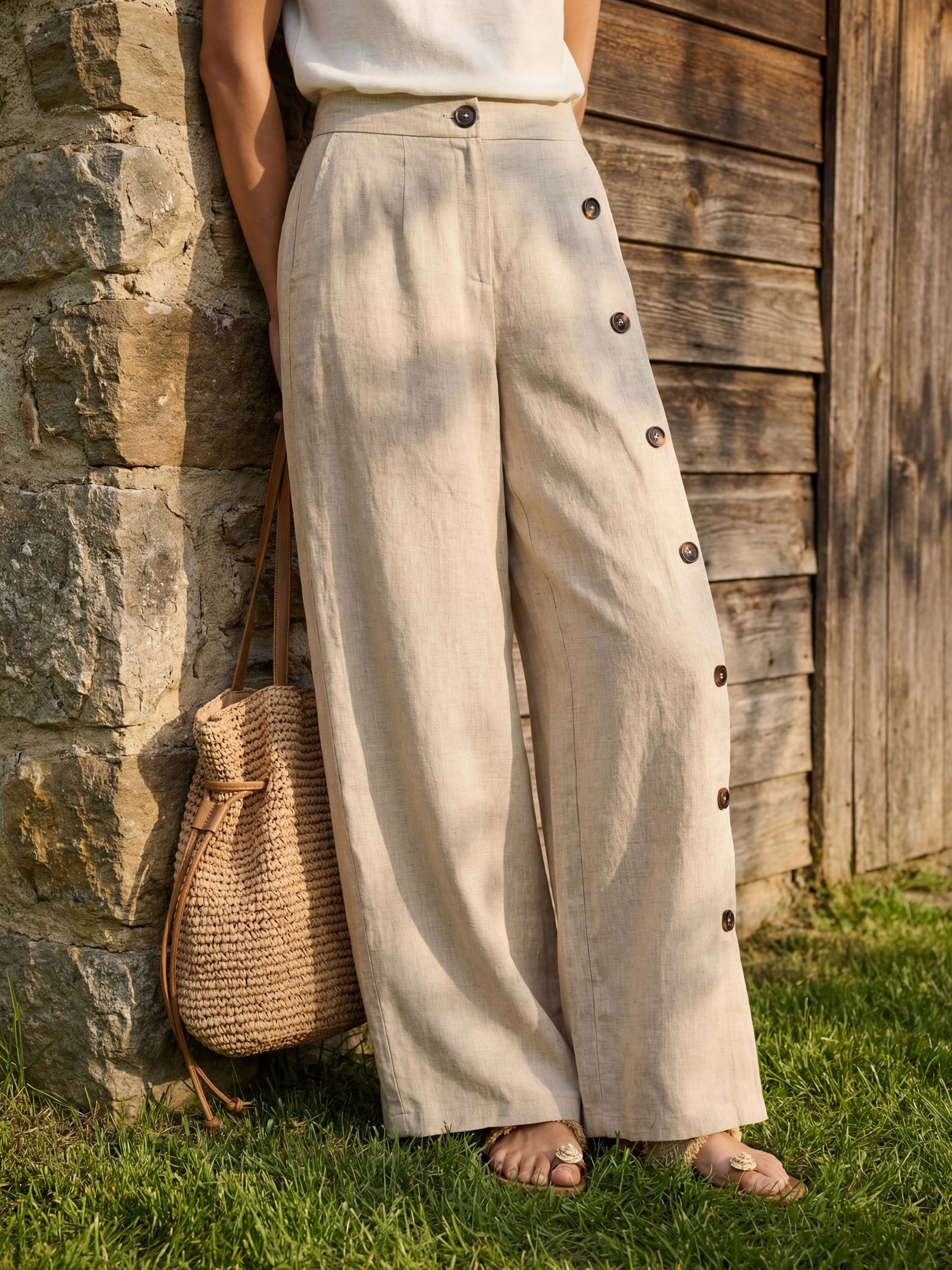 100% Linen Buttoned Slit-Hem Pants KATYA-LINTICO