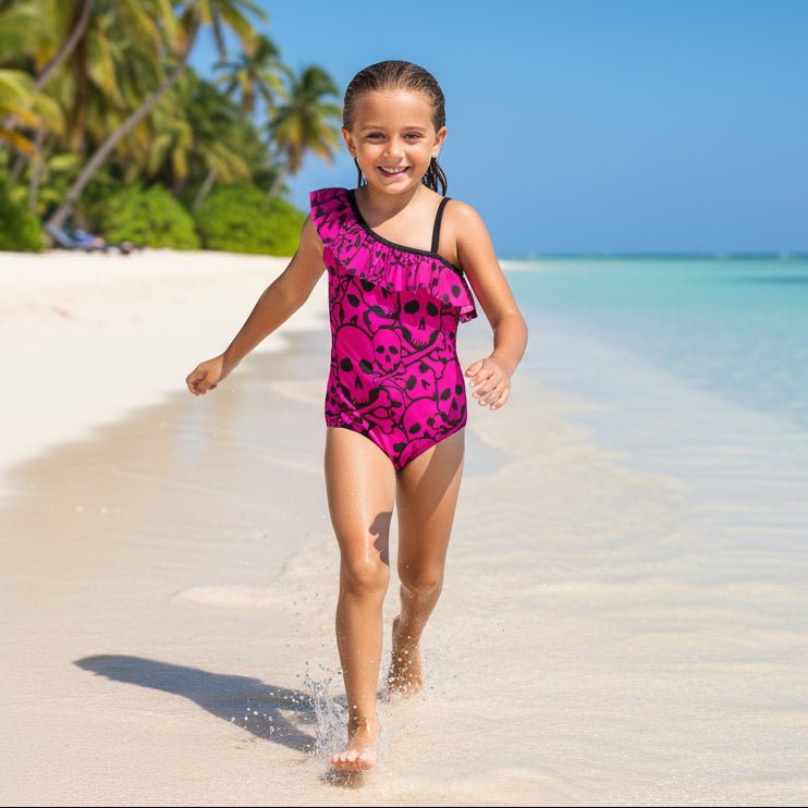 Youth Girls Pink Pirate Skull Pattern Ruffled Swimsuit