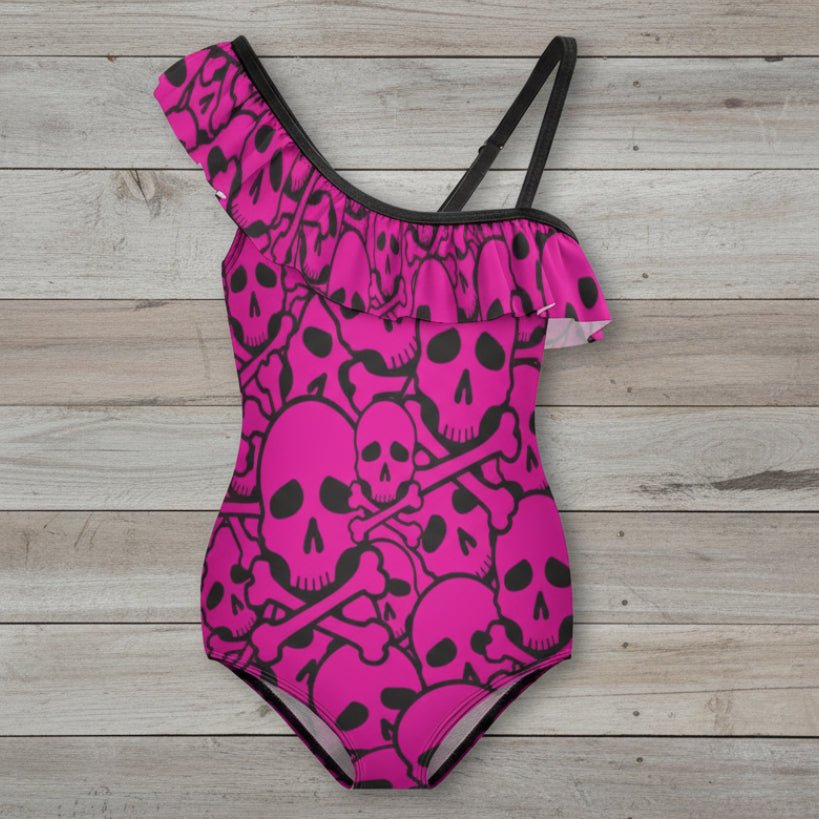 Youth Girls Pink Pirate Skull Pattern Ruffled Swimsuit