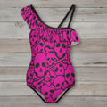 Youth Girls Pink Pirate Skull Pattern Ruffled Swimsuit