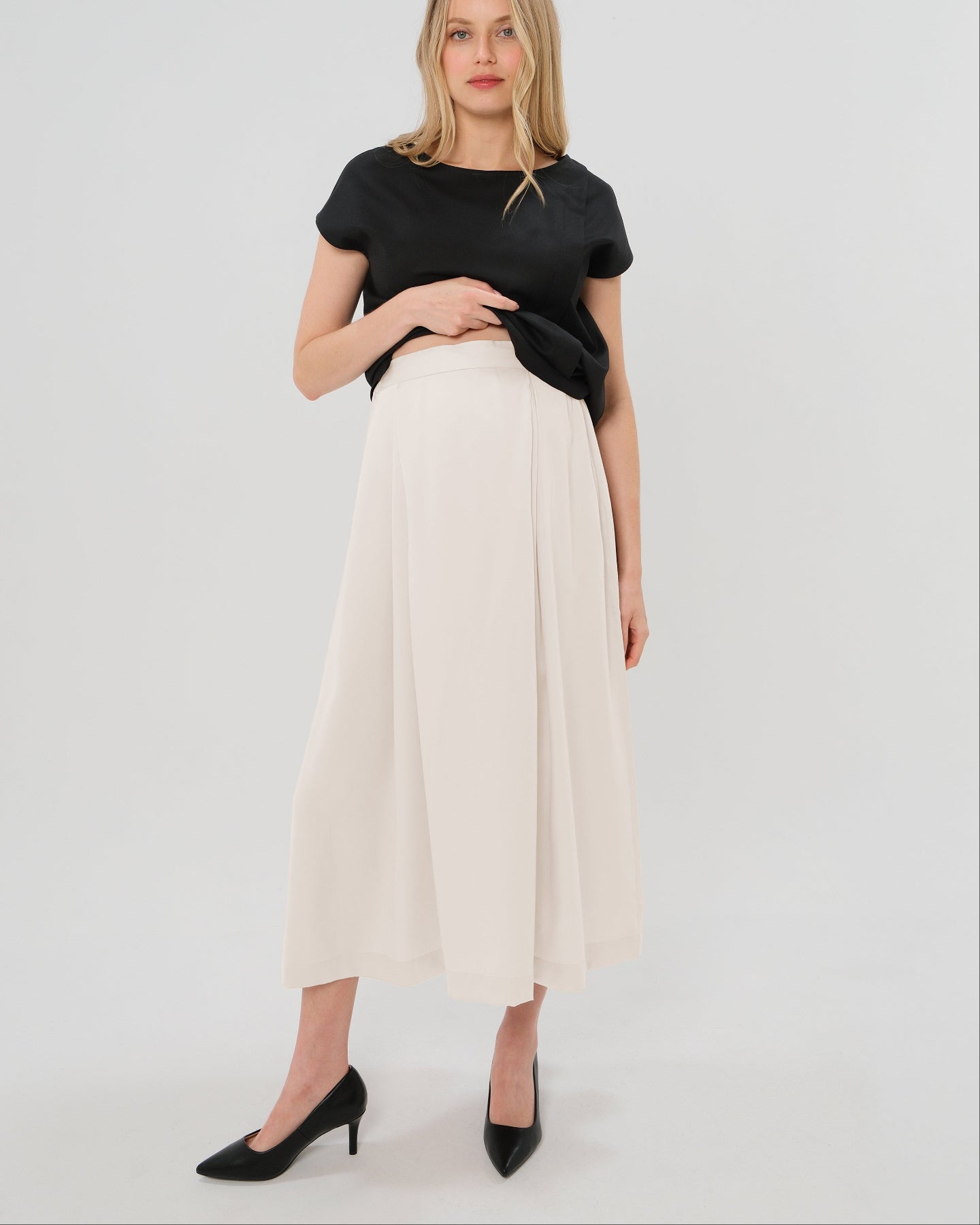 Pleated Maternity Maxi Skirt in Cream Satin | Over/Under Bump