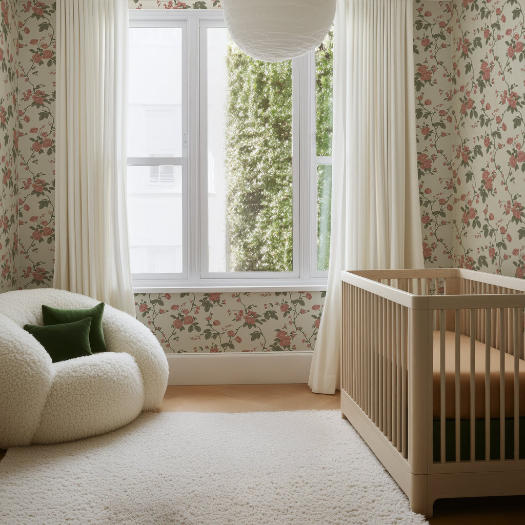 A styled nursery interior with floral wallpaper, sheer curtains, a wooden crib, a cream boucle chair with a green pillow, and a white rug near a large window.