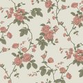 A repeating vintage floral pattern featuring dusty pink roses and green leaves on a warm cream background.