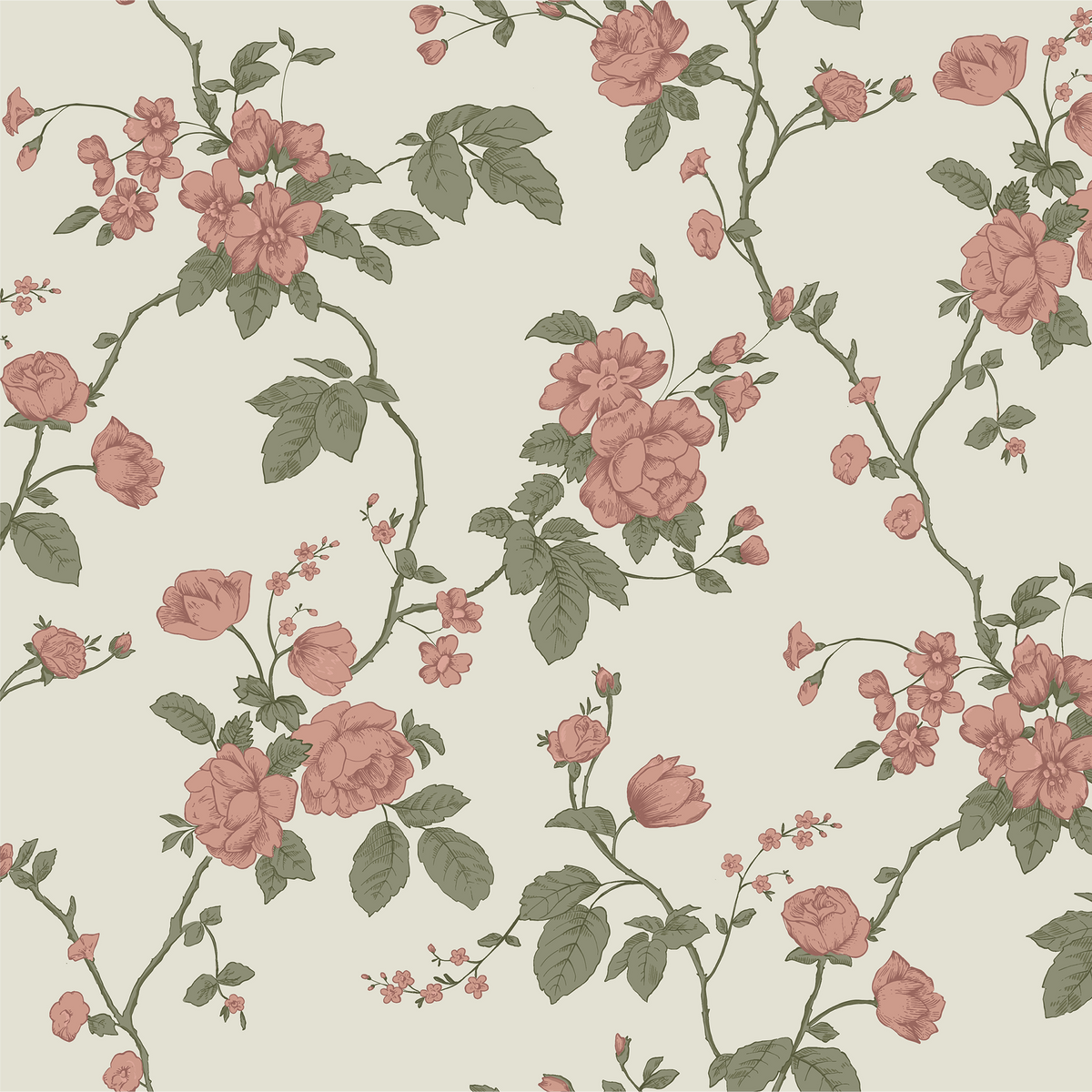 A repeating vintage floral pattern featuring dusty pink roses and green leaves on a warm cream background.
