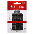 Singer 50-piece hand needle set in a black plastic case, packaged on a white and red card with the Singer logo and 'Large Eye' text.