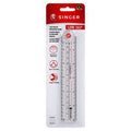 Singer 12-inch steel rule in retail blister packaging, featuring a clear metal ruler with engraved markings and a red header card with the Singer logo.