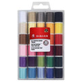 Pack of Singer sewing threads in various colors with a clear plastic container.