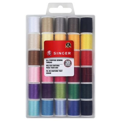 Pack of Singer sewing threads in various colors with a clear plastic container.