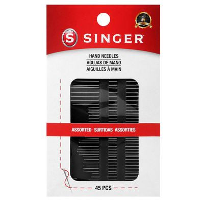 Singer hand needles packaging with red and white design