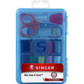 Singer mini sewing kit with various tools in a blue case on a white background