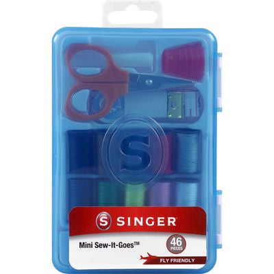Singer mini sewing kit with various tools in a blue case on a white background
