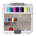 Sewing machine with colorful thread spools and accessories on a white background