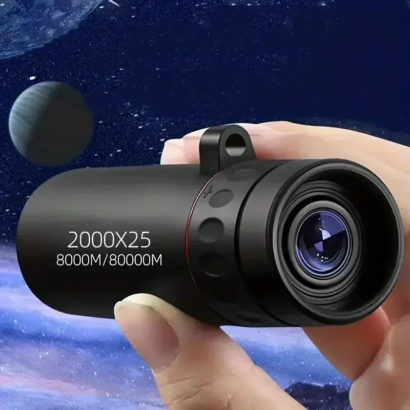Black monocular held by a hand with space-themed background