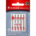 Singer Heavy Duty Universal 110/18 sewing machine needle kit in 5-piece packaging, featuring five steel needles in a clear plastic case on a red and blue card.
