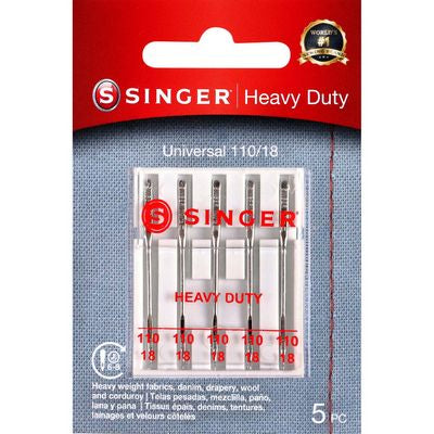 Singer Heavy Duty Universal 110/18 sewing machine needle kit in 5-piece packaging, featuring five steel needles in a clear plastic case on a red and blue card.