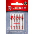 Singer needle package with red and white design on a gray background