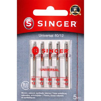 Singer needle package with red and white design on a gray background