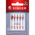 Singer Universal 90/14 sewing machine needles in a 5-pack, packaged on a red and gray card with the Singer logo.